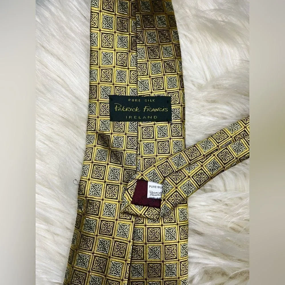 Patrick Francis Ireland jacquard weave mustard yellow printed pure Silk Tie